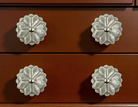 Set of Six Gray Ceramic Floral Drawer Pull Knobs