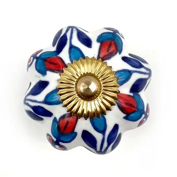 Set of Six Red White And Blue Floral Ceramic Drawer Pull Knobs