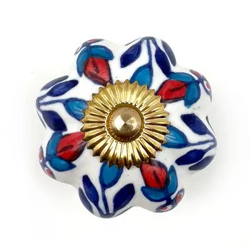 Set of Six Red White And Blue Floral Ceramic Drawer Pull Knobs