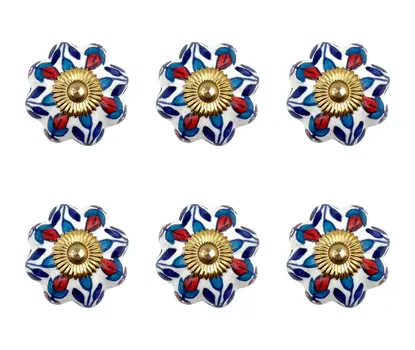 Set of Six Red White And Blue Floral Ceramic Drawer Pull Knobs