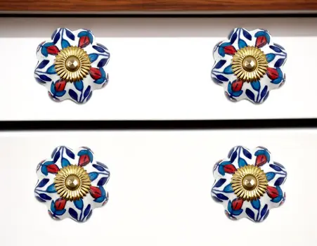 Set of Six Red White And Blue Floral Ceramic Drawer Pull Knobs