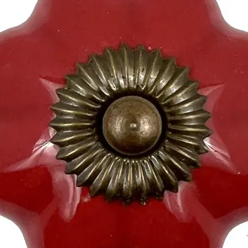 Set of Six Red Flower Shape Ceramic Drawer Pull Knobs