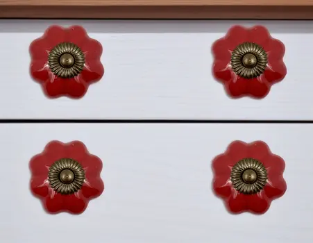 Set of Six Red Flower Shape Ceramic Drawer Pull Knobs