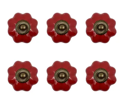 Set of Six Red Flower Shape Ceramic Drawer Pull Knobs