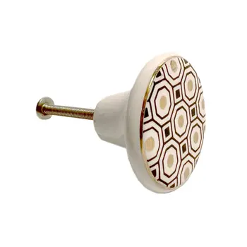 Set of Six White Silver And Gold Geometric Ceramic Drawer Pull Knobs