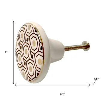 Set of Six White Silver And Gold Geometric Ceramic Drawer Pull Knobs