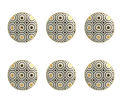 Set of Six White Silver And Gold Geometric Ceramic Drawer Pull Knobs