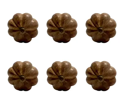 Set of Six Brown Wood Flower Shaped Drawer Pull Knobs