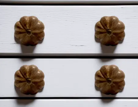 Set of Six Brown Wood Flower Shaped Drawer Pull Knobs