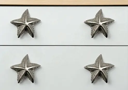 Set of Six Silver Iron Starfish Drawer Pull Knobs