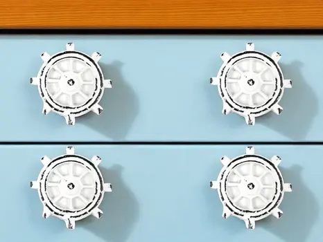 Set of Six Rustic White Iron Captains Wheel Drawer Pull Knobs