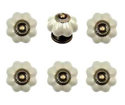 Set of Six Gray Ceramic Floral Shape Drawer Pull Knobs