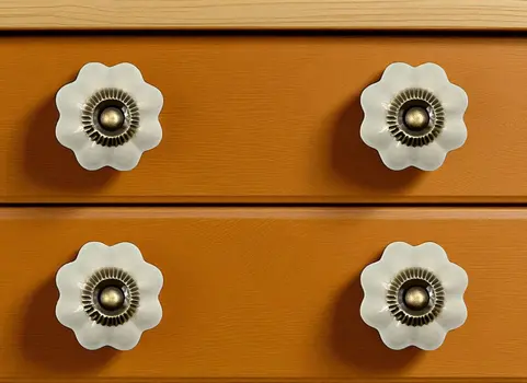 Set of Six Gray Ceramic Floral Shape Drawer Pull Knobs