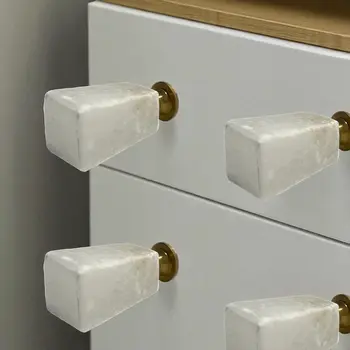 Set of Six White Stone Square Cylindrical Drawer Pull Knobs