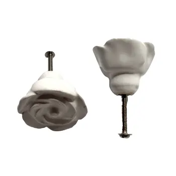 Set of Six White Ceramic Flower Shape Drawer Pull Knobs