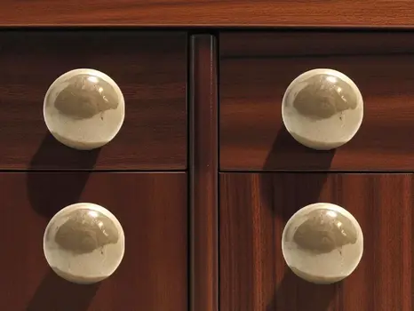Set of Six Tan Ceramic Mushroom Shape Drawer Pull Knobs