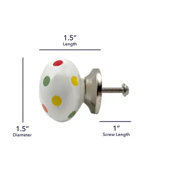 Set of Six Off White Blue Red And Green Polka Dots Ceramic Drawer Pull Knobs