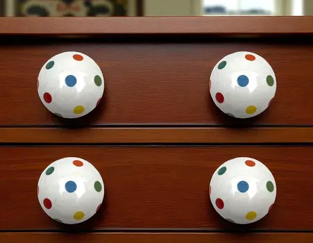Set of Six Off White Blue Red And Green Polka Dots Ceramic Drawer Pull Knobs