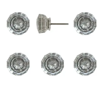Set of Six Clear Faceted Glass Drawer Pull Knobs
