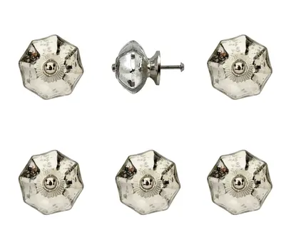 Set of Six Silver Faceted Mercury Glass Drawer Pull Knobs