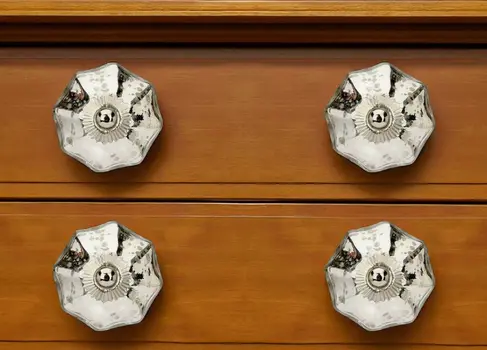Set of Six Silver Faceted Mercury Glass Drawer Pull Knobs