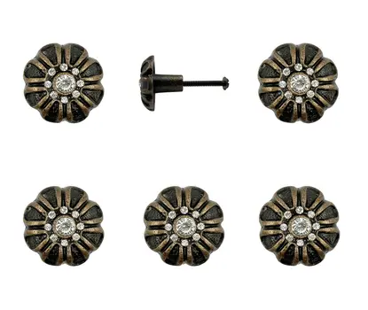 Set of Six Black And Gold Iron And Faux Crystal Scalloped Shape Drawer Pull Knobs