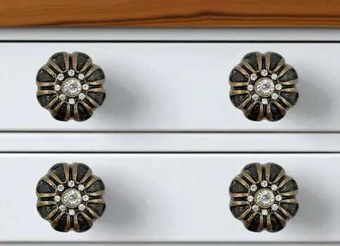 Set of Six Black And Gold Iron And Faux Crystal Scalloped Shape Drawer Pull Knobs