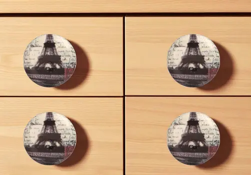 Set of Six Black And White Eiffel Tower Poetic Script Ceramic Drawer Pull Knobs