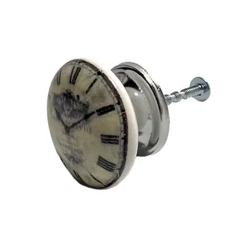 Set of Six Black And White Distressed Clock Face Ceramic Drawer Pull Knobs