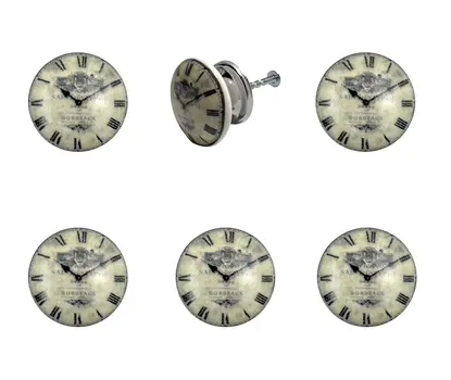 Set of Six Black And White Distressed Clock Face Ceramic Drawer Pull Knobs