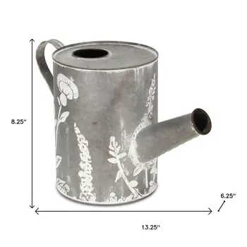 8" Gray Metal Flowers Hand Painted Decorative Canister