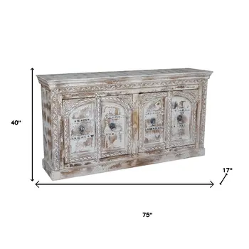75" White Distressed Solid Wood Carved Floral Sideboard with Four Doors