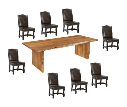 Nine Piece Brown Solid Wood Dining Set with Eight Chairs