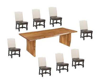 Nine Piece Brown Solid Wood Dining Set with Eight Chairs