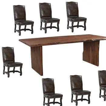 Nine Piece Brown Solid Wood Dining Set with Eight Chairs