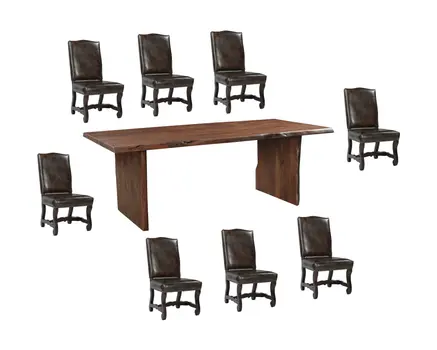 Nine Piece Brown Solid Wood Dining Set with Eight Chairs