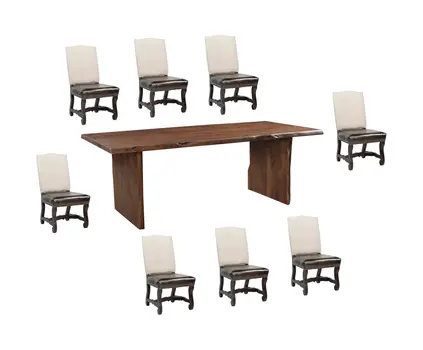 Nine Piece Brown Solid Wood Dining Set with Eight Chairs