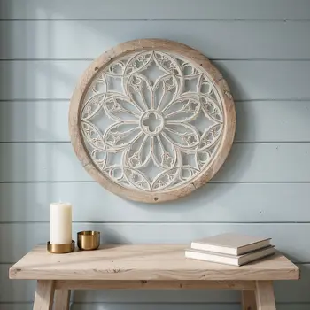 25" Natural And White Wood Medallion Round Hanging Wall Decor