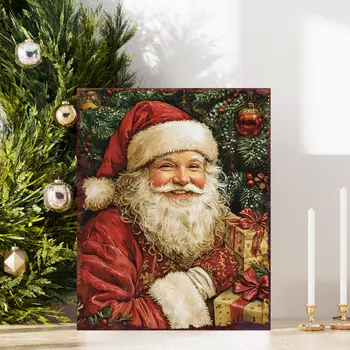15" Red White And Green Wood Christmas Santa Tabletop Sign