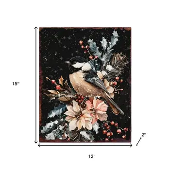 15" Red White And Green Wood Bird Flowers Christmas Tabletop Sign