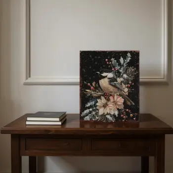 15" Red White And Green Wood Bird Flowers Christmas Tabletop Sign