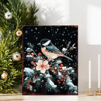 15" Red White And Green Wood Bird Flowers Christmas Tabletop Sign