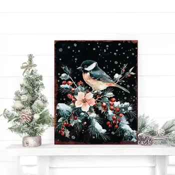 15" Red White And Green Wood Bird Flowers Christmas Tabletop Sign
