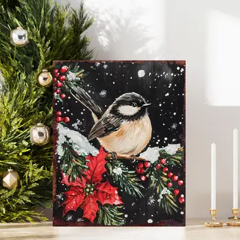 15" Red White And Green Wood Flowers Christmas Tabletop Sign