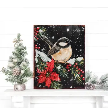15" Red White And Green Wood Flowers Christmas Tabletop Sign
