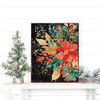 15" Red White And Green Wood Flowers Christmas Tabletop Sign