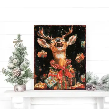 15" Red White And Green Wood Deer Christmas Tabletop Sign