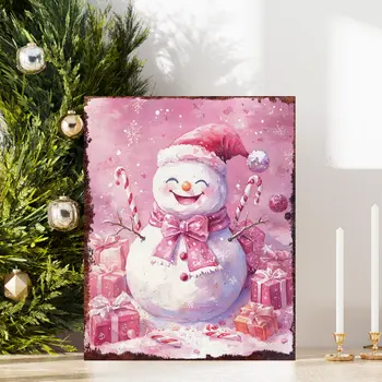 15" Red White And Green Wood Christmas Snowman Tabletop Sign