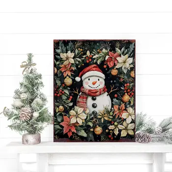 15" Red White And Green Wood Leaf Christmas Snowman Tabletop Sign