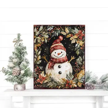 15" Red White And Green Wood Leaf Christmas Snowman Tabletop Sign
